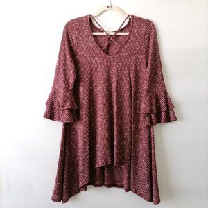 Lizabell Womens Maroon Ruffle Bell Sleeve Hi Low Hem Sweater Dress Size M